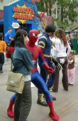 Spidey and Wolverine outside Marvel Mania shop (April 2006)