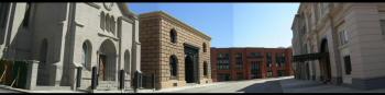 Panoramic photo of the east end of New York Street, as seen in 2006