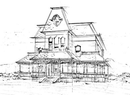 Line drawing of the Psycho House from the Universal Studios Hollywood website